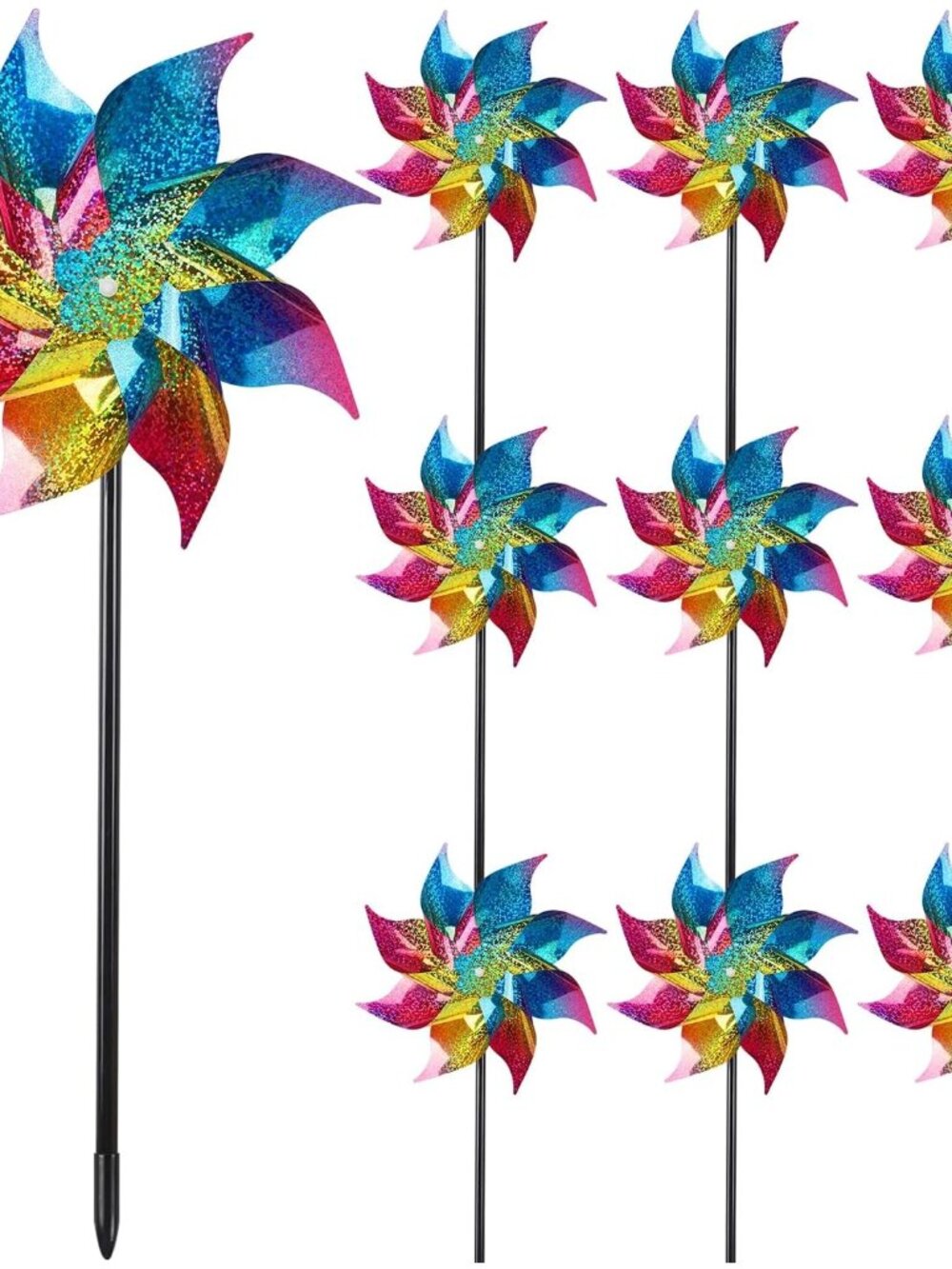 10 Pack Reflective Pinwheels Wind Spinner Assembly Required, Extra Sparkly Rainb